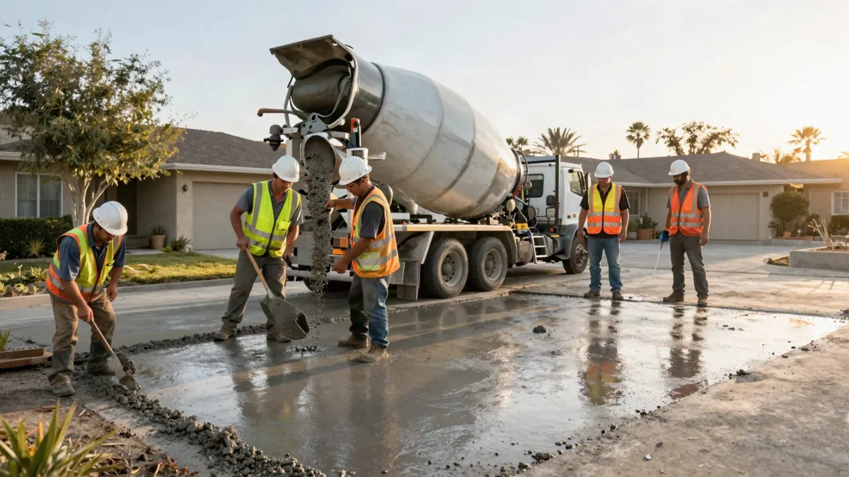 Concrete crew pouring a driveway